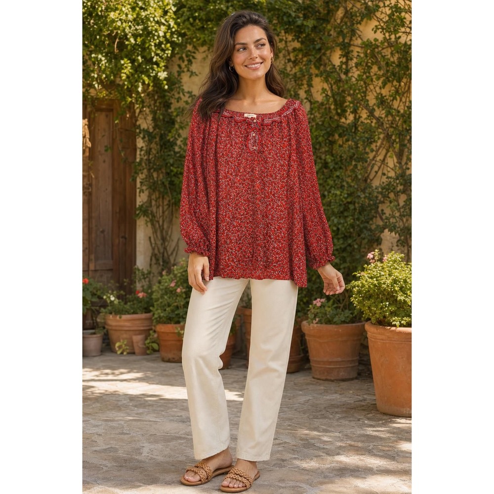Max Studio Peasant Blouse Women's L Red Floral Ruffle Neck Boho Top